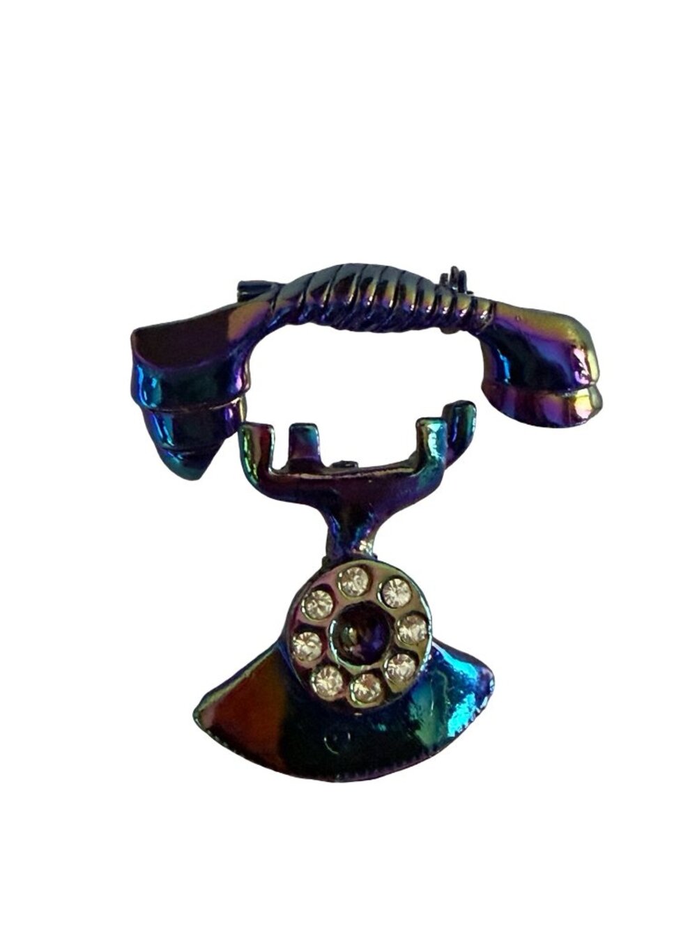 Vintage Iridescent Telephone Brooch Rhinestone Rotary Phone Pin Retro Jewelry